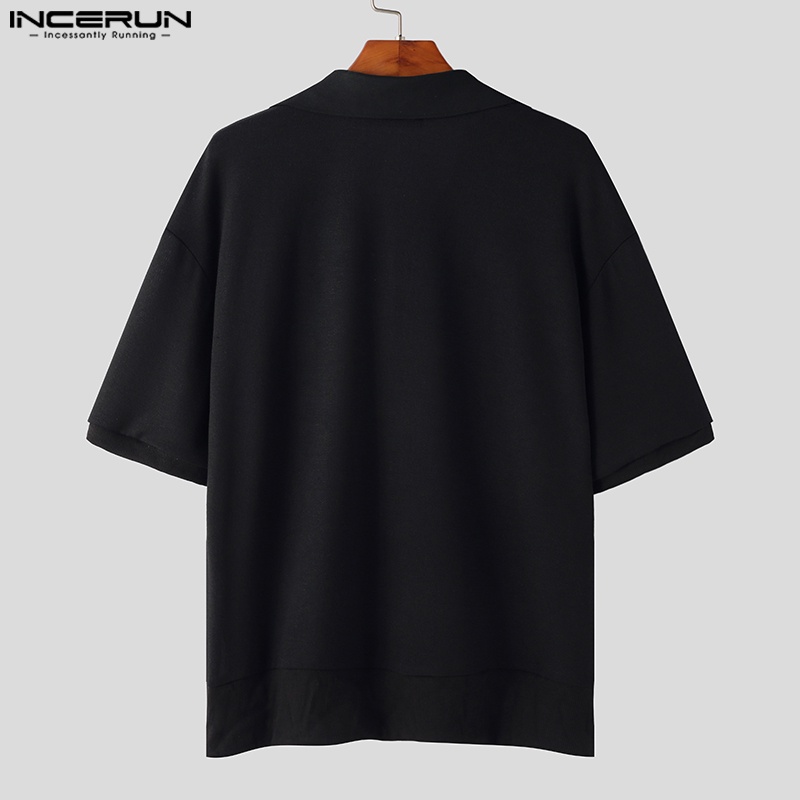 Áo sơ mi dệt kim INCERUN tay ngắn màu trơn cài nút cổ bẻ thời trang cao cấp cho nam