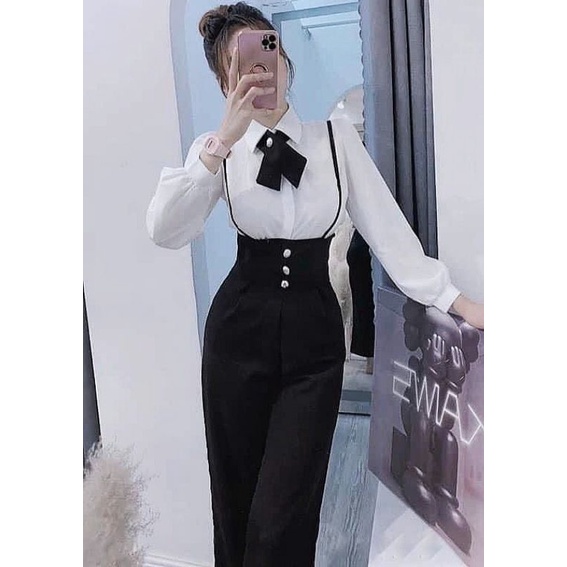 set yếm sơ mi quần ống suông [ HÌNH THẬT ]