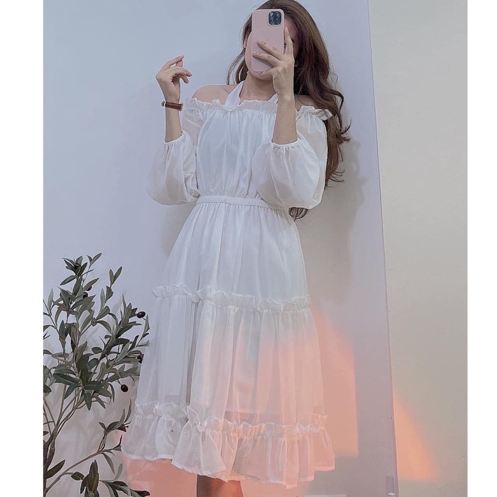 VÁY VOAN TRẮNG TRỄ VAI DÀI TAY TIỂU THƯ SANG CHẢNH