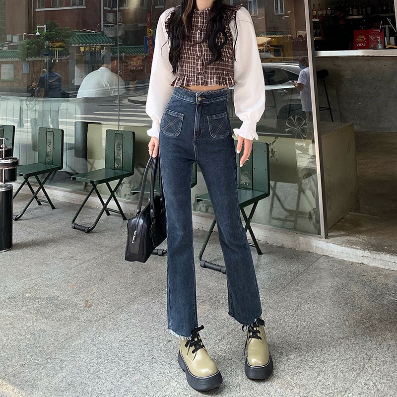 Quần jeans nữ cạp cao mùa xuân và mùa thu năm 2021 mới quần ống loe vừa tôn dáng thon gọn đi chơi công sở