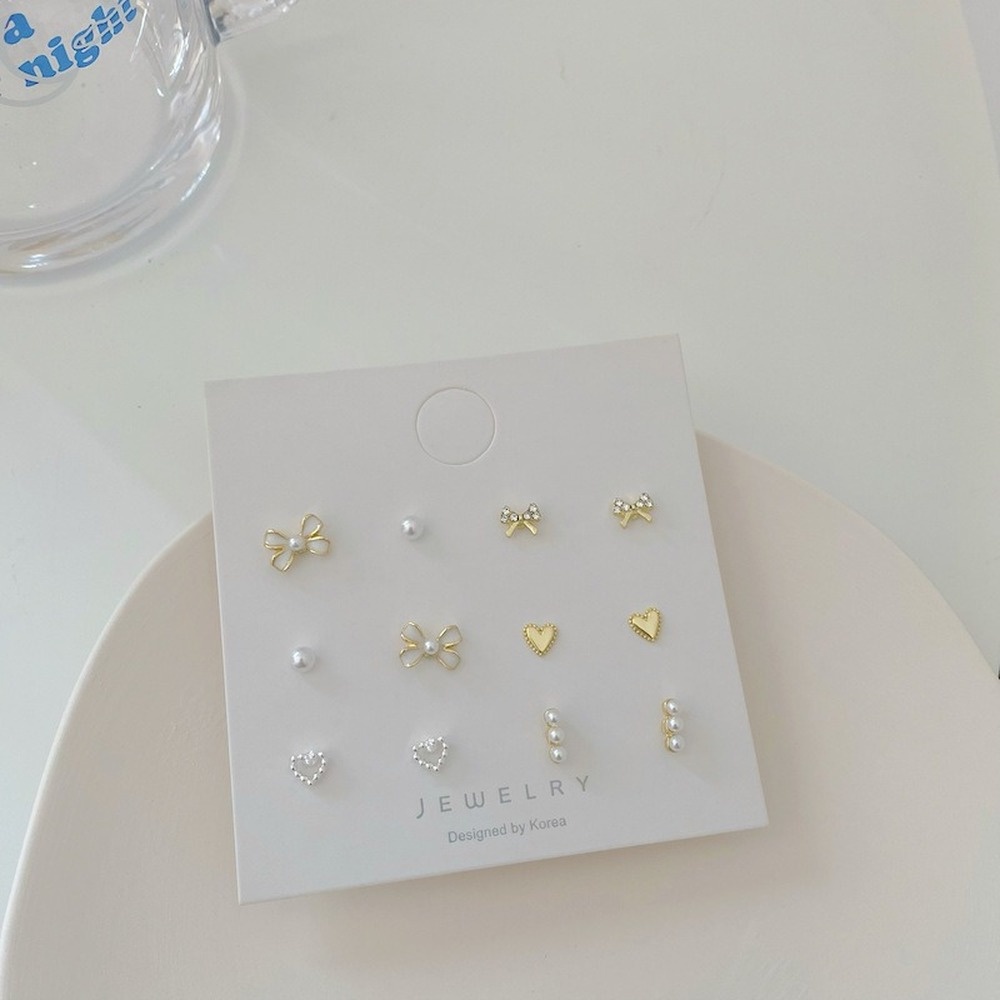 Set 6 Đôi Bông Tai Bạc S925 Hình Nơ Trái Tim Thời Trang Hàn Quốc Cho Nữ