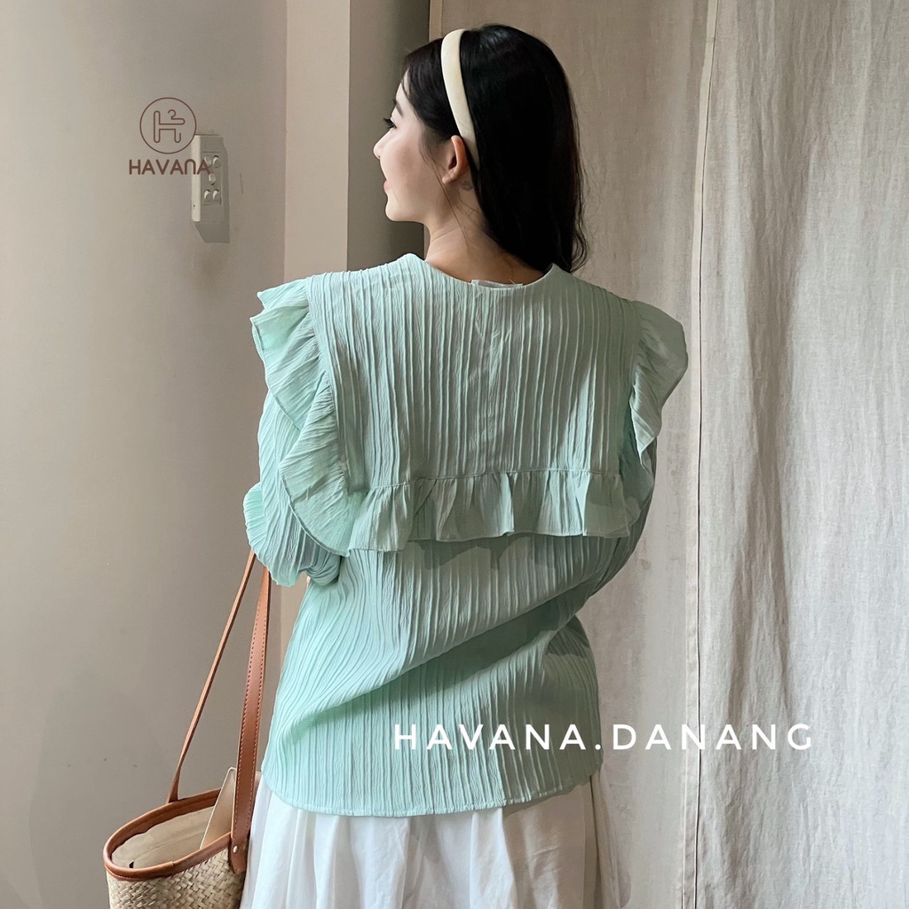 Áo sơ mi kiểu nữ dài tay, sơ mi gân cổ bèo thắt nơ thủy thủ AE254