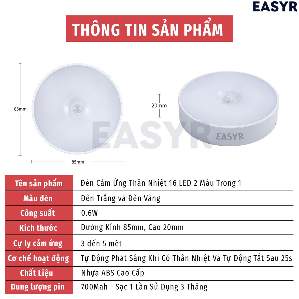 Đèn Led Cảm Ứng Thân Nhiệt 16 Bóng Chuyển Đổi 2 Màu EASYR Pin 700mah, Sạc USB, 16 Led