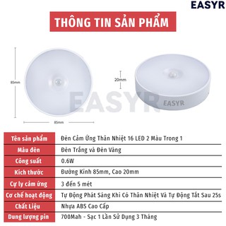 Đèn Led Cảm Ứng Thân Nhiệt 16 Bóng Chuyển Đổi 2 Màu EASYR [FREESHIP] 700mah, Sạc USB, 16 Led