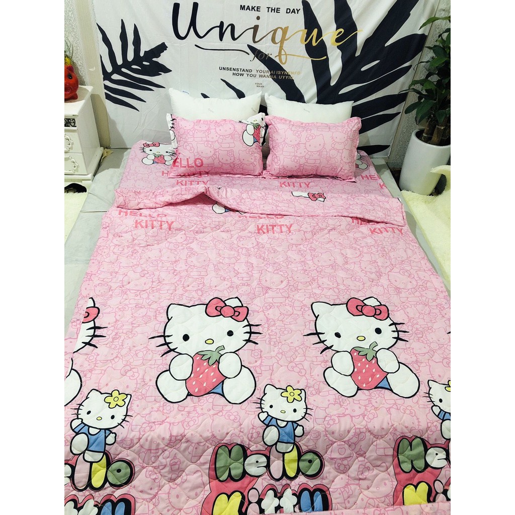 Bộ 5 món chăn hè HELLO KITTY, poly cotton loại 1, mền trần gòn siêu nhẹ 3 lớp - 1 chăn + 1ga + 2 vỏ nằm + 1 vỏ ôm