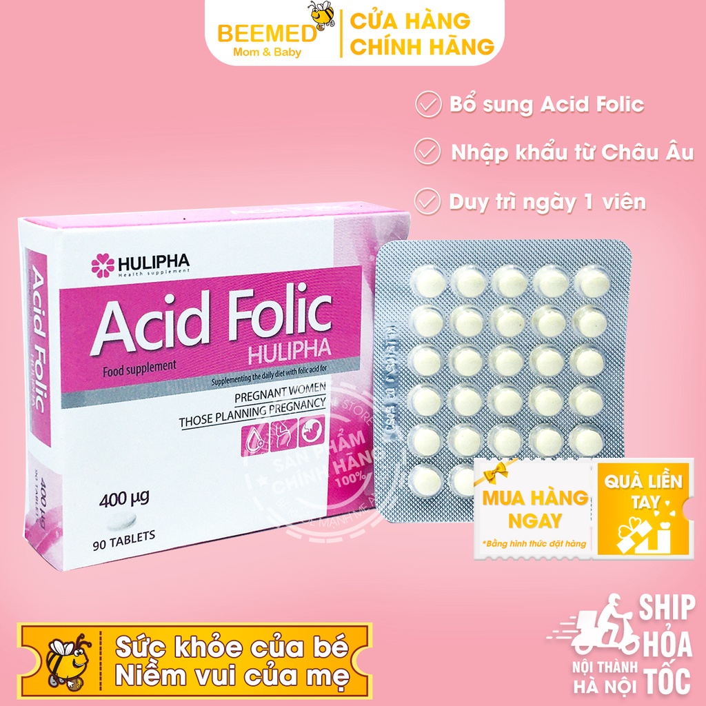 Acid-folic Hulipha Hộp 90 viên cho mẹ bầu và phụ nữ chuẩn bị mang thai Bổ sung Acid Folic , nhập khẩu từ Châu Âu