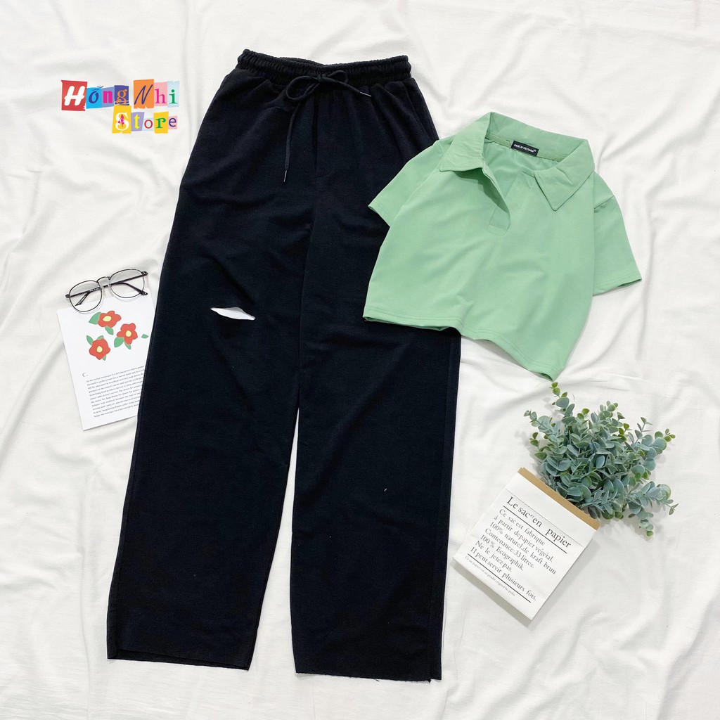 Quần Ống Rộng Rách Gối Màu Đen Lưng Thun Culottes Ulzzang Unisex - MM