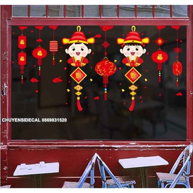 COMBO DECAL DÁN TẾT - Rèm đèn hoa kết hợp Trai Gái nón lớn ( 2 tấm )