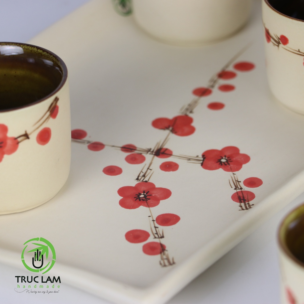 Bộ Ấm Chén Pha Trà Gốm Sứ Bát Tràng Họa Tiết Hoa Đào - Trúc Lâm Handmade