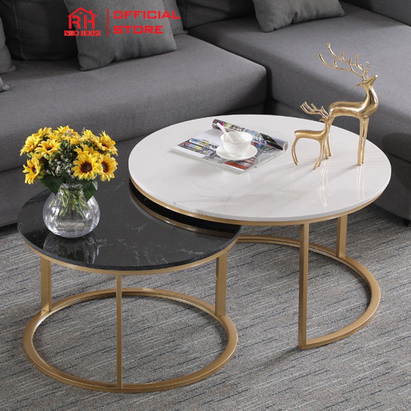 Bàn trà sofa đôi RIBO HOUSE mặt bàn đá, bàn uống nước trang trí nội thất phòng khách ban công khách sạn RIBO49