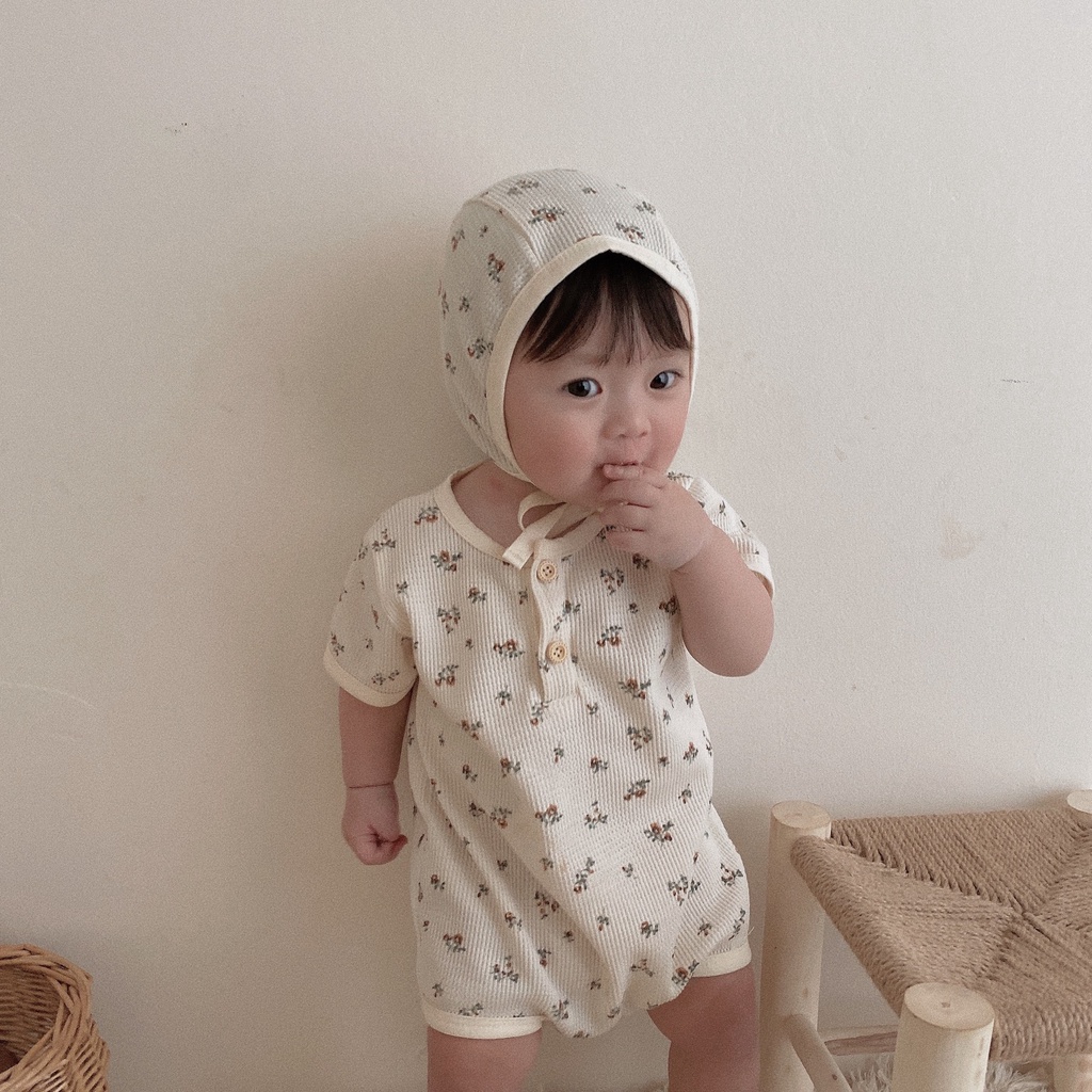 Bộ Áo Liền Quần Kèm 1 Nón Họa Tiết Hoa Dễ Thương Thời Trang Mùa Hè Cho Bé Sơ Sinh