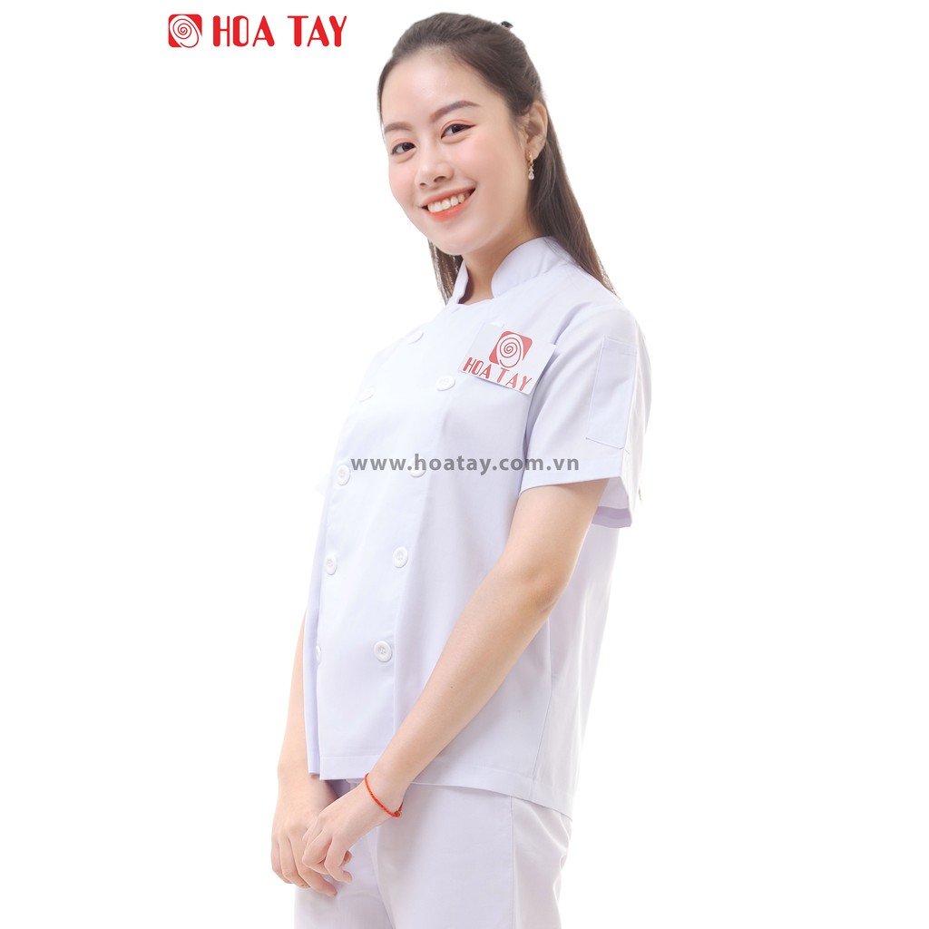 HOA TAY _ Áo Đầu Bếp Nữ Màu Trắng Tay Ngắn Kaki Nhuyễn