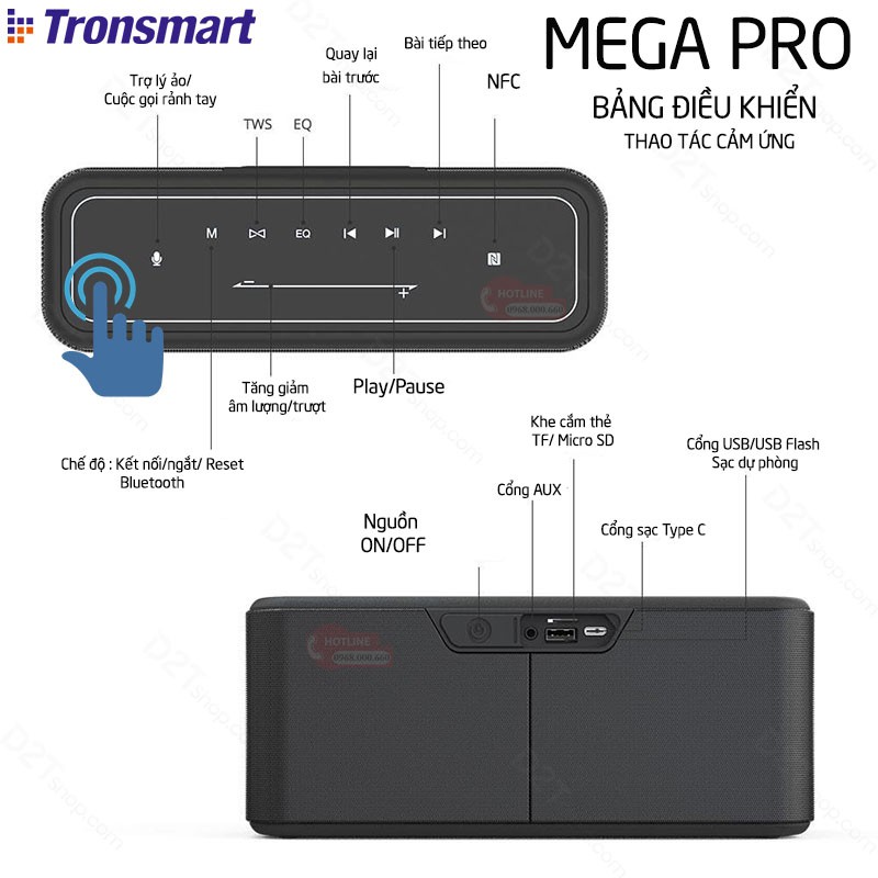 Tronsmart Element MEGA PRO |  Loa Bluetooth 5.0 Công suất 60W  Hỗ trợ TWS và NFC điều khiển cảm ứng chạm, ghép đôi 2 loa