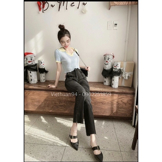 Quần jeans nữ ống đứng cạp cao túi trước có giãn kiểu dáng Hàn Quốc