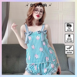 Đồ bộ nữ 2 dây mặc nhà lụa satin sexy phối nơ d'lydia db03