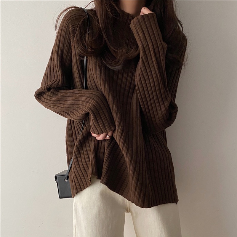 Áo Sweater Dệt Kim Cổ Lọ Tay Dài Dáng Rộng Kiểu Retro Hàn Quốc Thời Trang Mùa Đông Cho Nữ