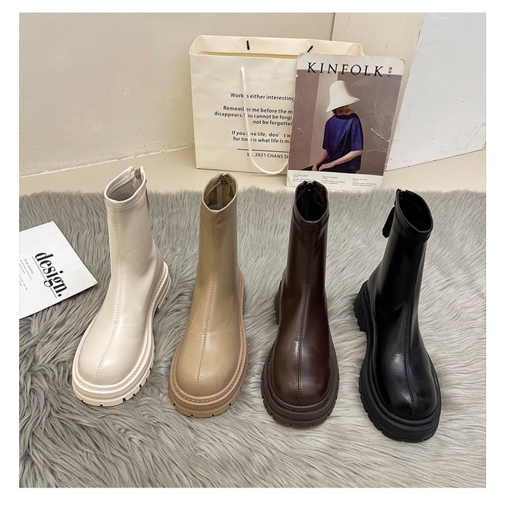 Boots nữ cổ ngắn da mềm ôm chân đế dày cao 4cm có khoá kéo