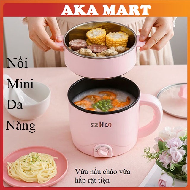 Nồi lẩu điện mini đa năng chống dính 2 tầng 2 nấc nhiệt SZHCN nhỏ gọn tiện lợi dùng ăn lẩu mì chiên xào luộc hấp