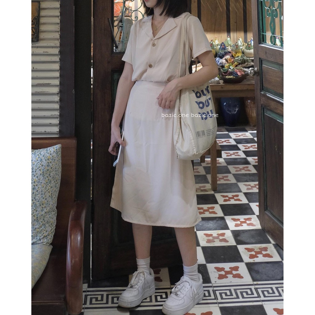 Set Áo Cổ Vest Mix Chân Váy Dài Midi Nude - Bộ đồ nữ thời trang mix sẵn Áo cổ vest + chân váy chữ A dài vintage Nâu Be