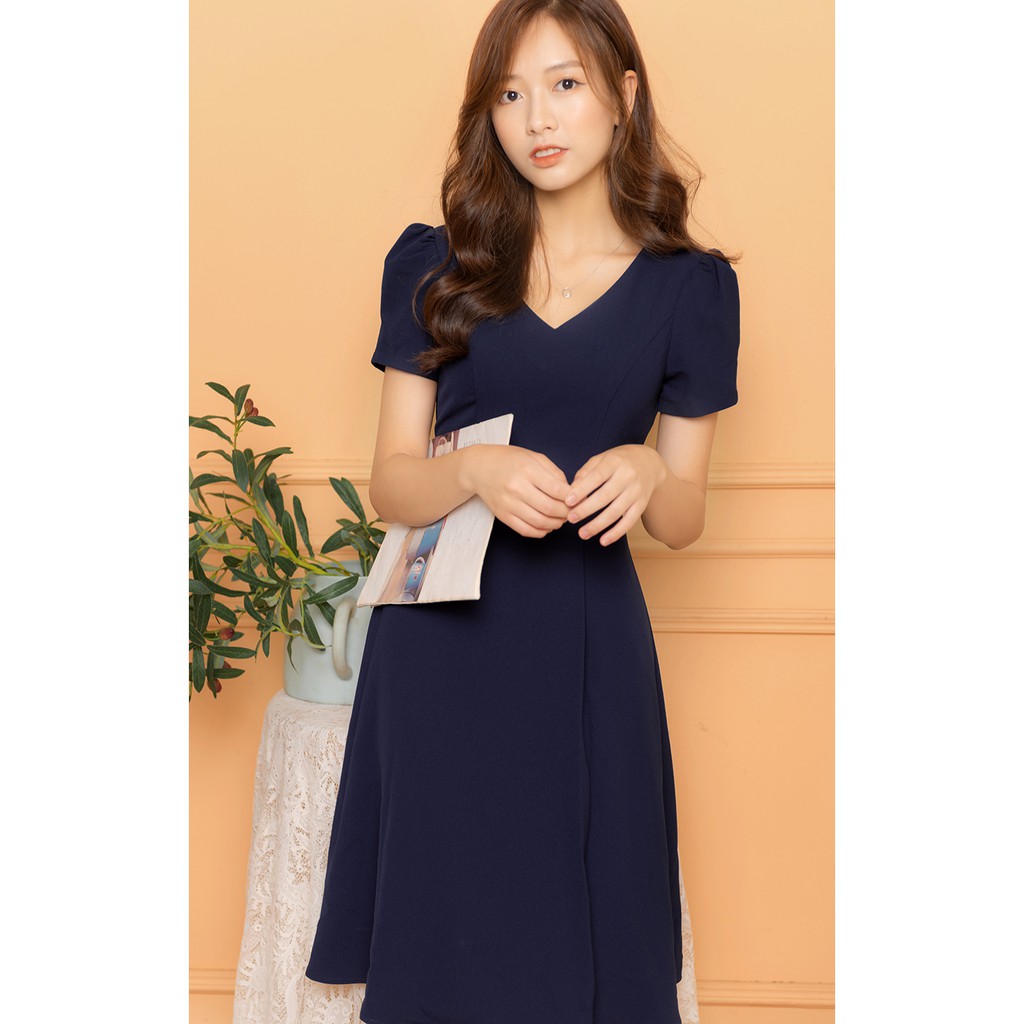 [Freeship] Váy Công Sở Thiết kế Cổ Tim Tay Phồng, đầm công sở Xanh than Evanus E1055 | BigBuy360 - bigbuy360.vn