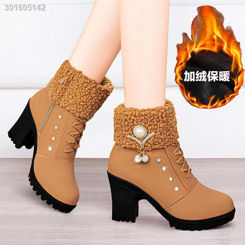 Giày bốt martin cao gót vải nhung dày dặn có khóa kéo phong cách Âu Mỹ thời trang thu đông 2021 dành cho nữ