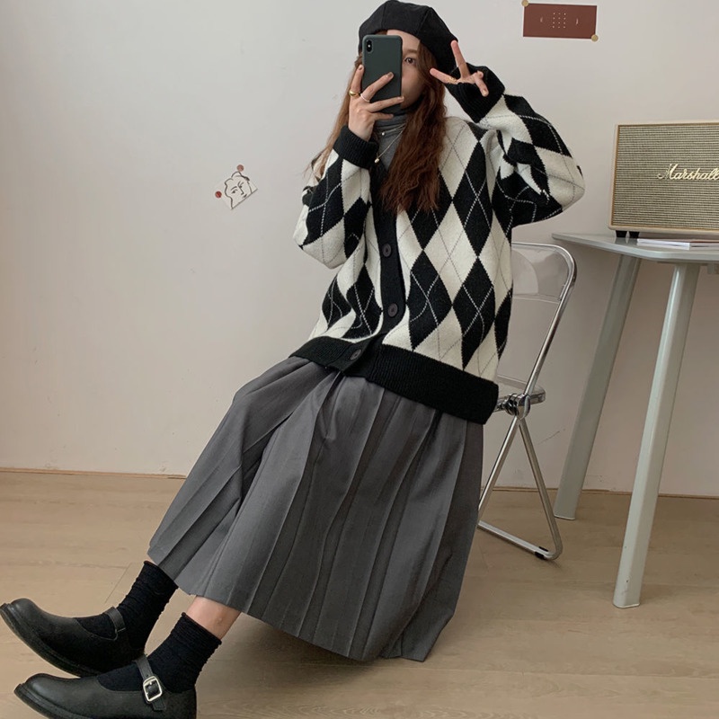 Áo khoác cardigan dệt kim dáng rộng họa tiết kim vương thời trang thu đông cho nữ