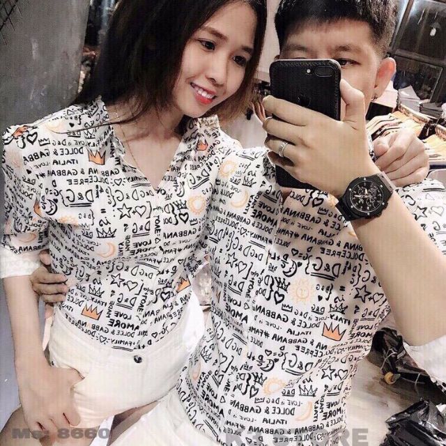 Áo sơmi lụa cặp dài tay in chữ đẹp unisex nam nữ đều mặc được có màu trắng và đen