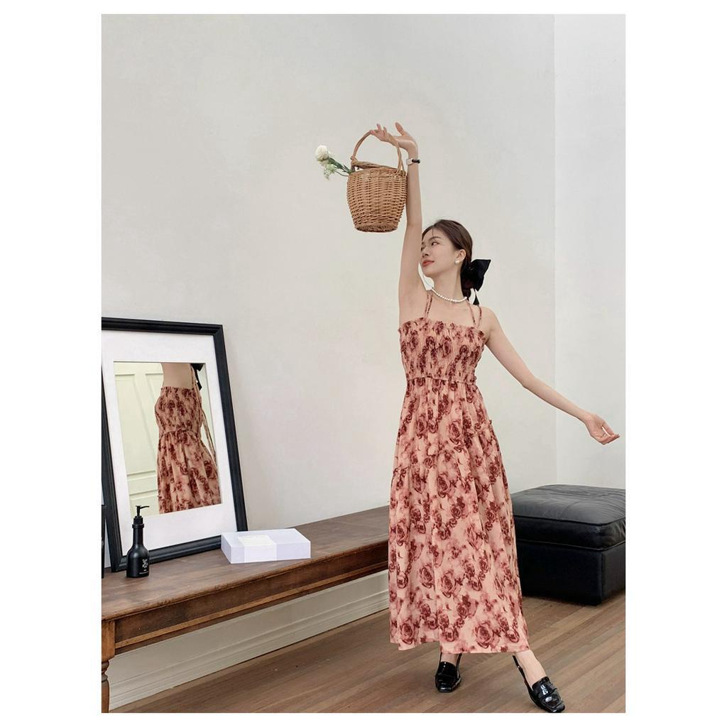 Đầm Hai Dây Cột Dây Eo Cao In Họa Tiết Hoa Hồng Phong Cách Pháp Cổ Điển Thời Trang Mùa Hè Kiểu Mới 62