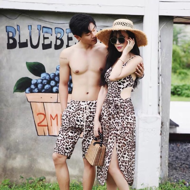 Đồ bơi set da beo tôn dáng tôn da ( 1 bộ nữ + choàng + quần nam)