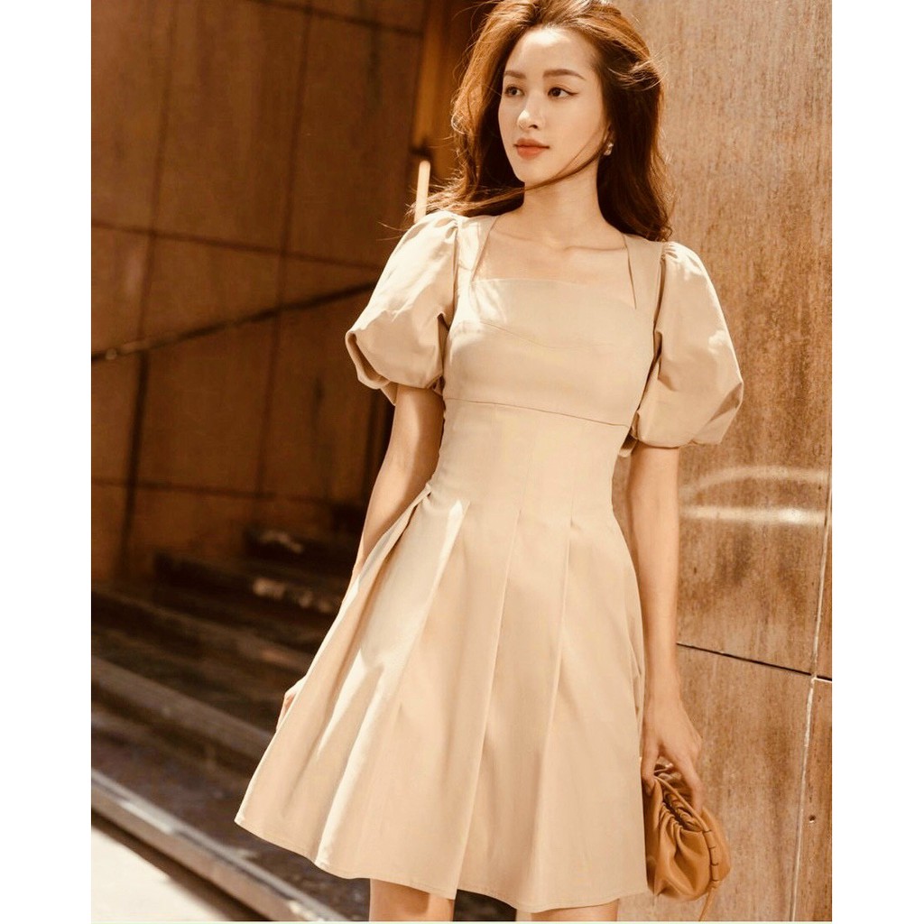 Đầm Cổ Vuông ❤️FREESHIP❤️ Tay Phồng Dáng Xòe Chíp Eo