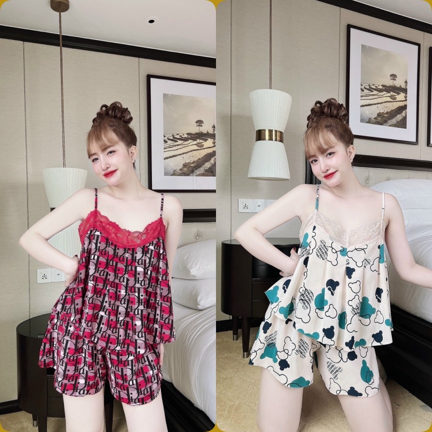 Đồ ngủ sexy nữ  đồ bộ mặc nhà 2 dây quần đùi lụa mango cao cấp mát nhẹ thoái mái