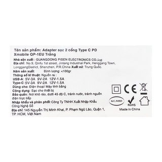 Adapter sạc 2 cổng Type C PD Xmobile QP-1EU Trắng