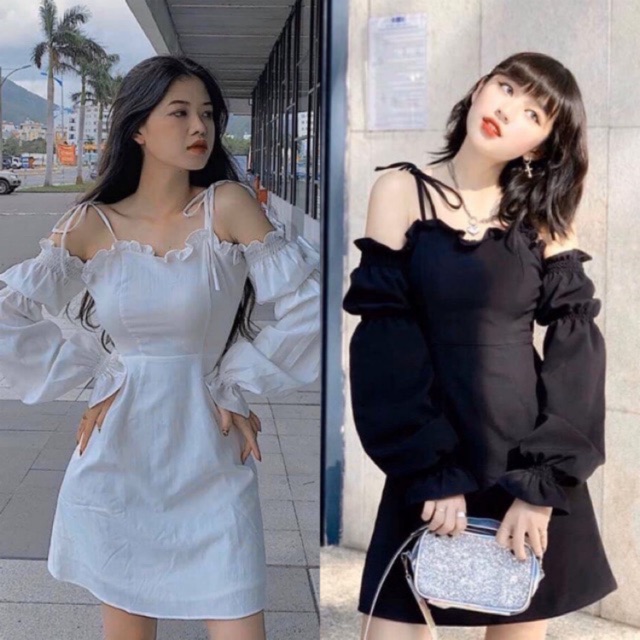 Đầm hai dây rớt vai tay bo trắng đen có mút ngực - Chang Dress(Có Ảnh Thật) | BigBuy360 - bigbuy360.vn
