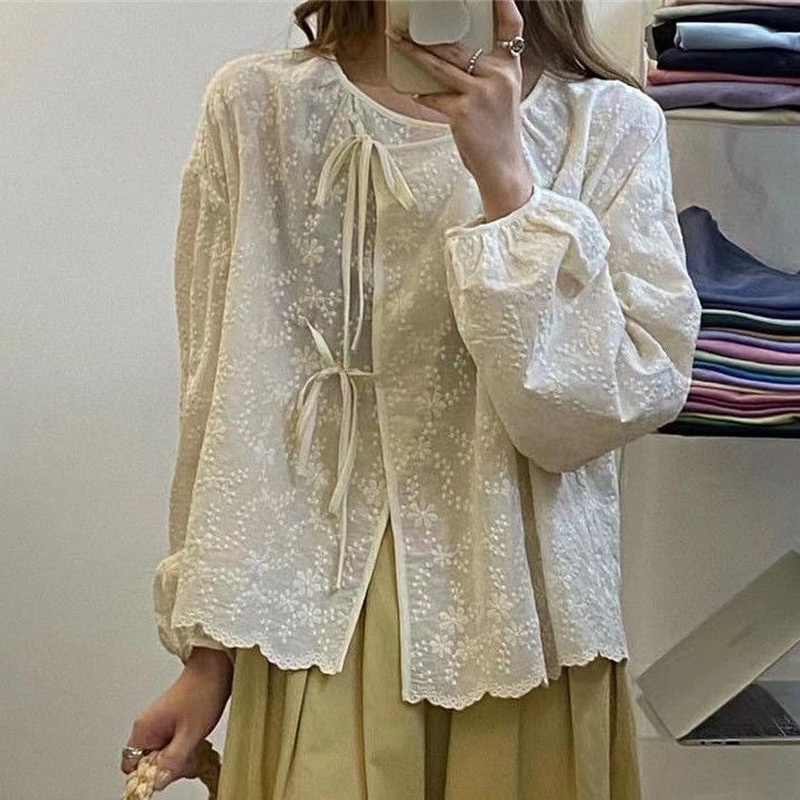 Áo Sơ Mi Đan Móc Mỏng Màu Trơn Thời Trang Xuân Thu Hàn Quốc Mới