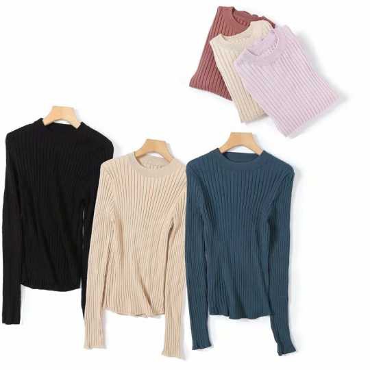 (UNIQLO Nhật chính hãng) NỮ- Áo len lông cừu Merino kẻ tăm cổ tròn  Merino Extra Fine Merino Rib Crew Neck Sweater