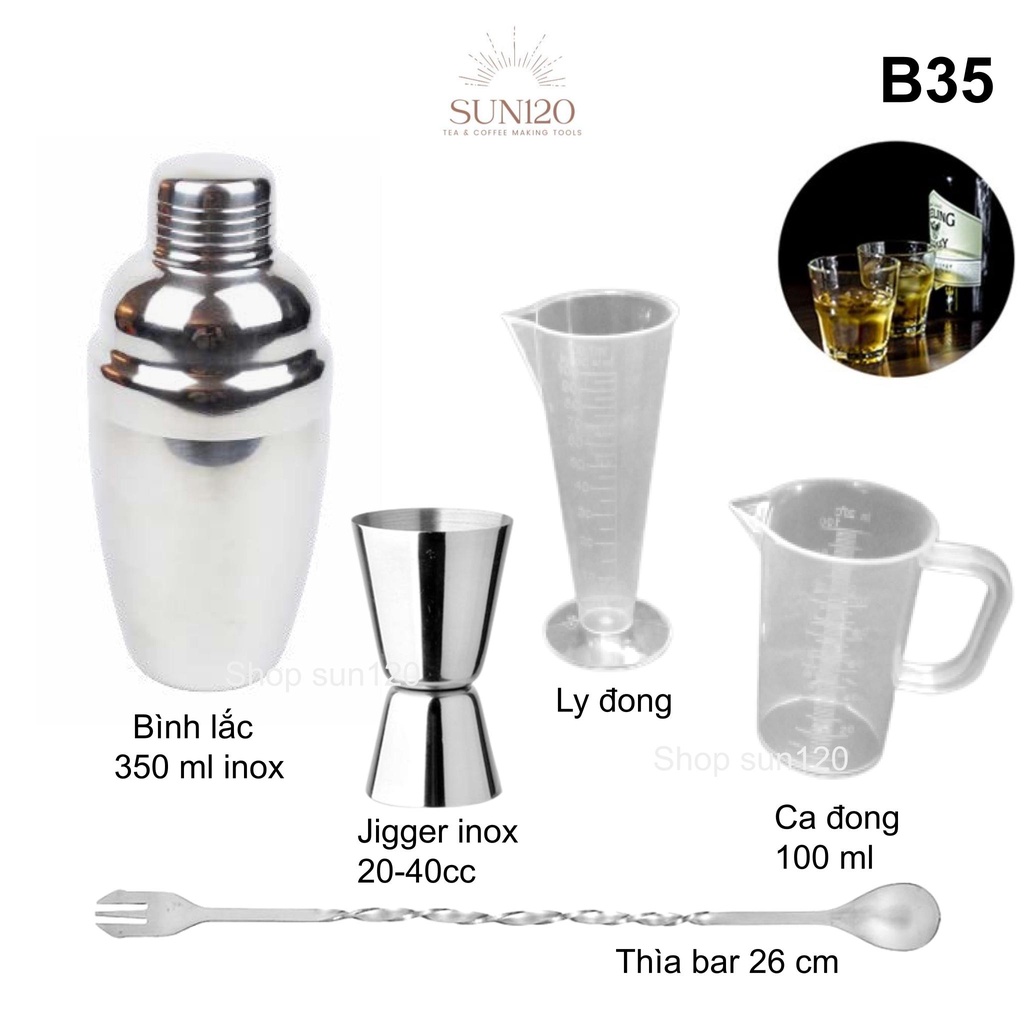 Bộ 5 dụng cụ pha chế cocktail B35 inox cocktail shaker set 5 món