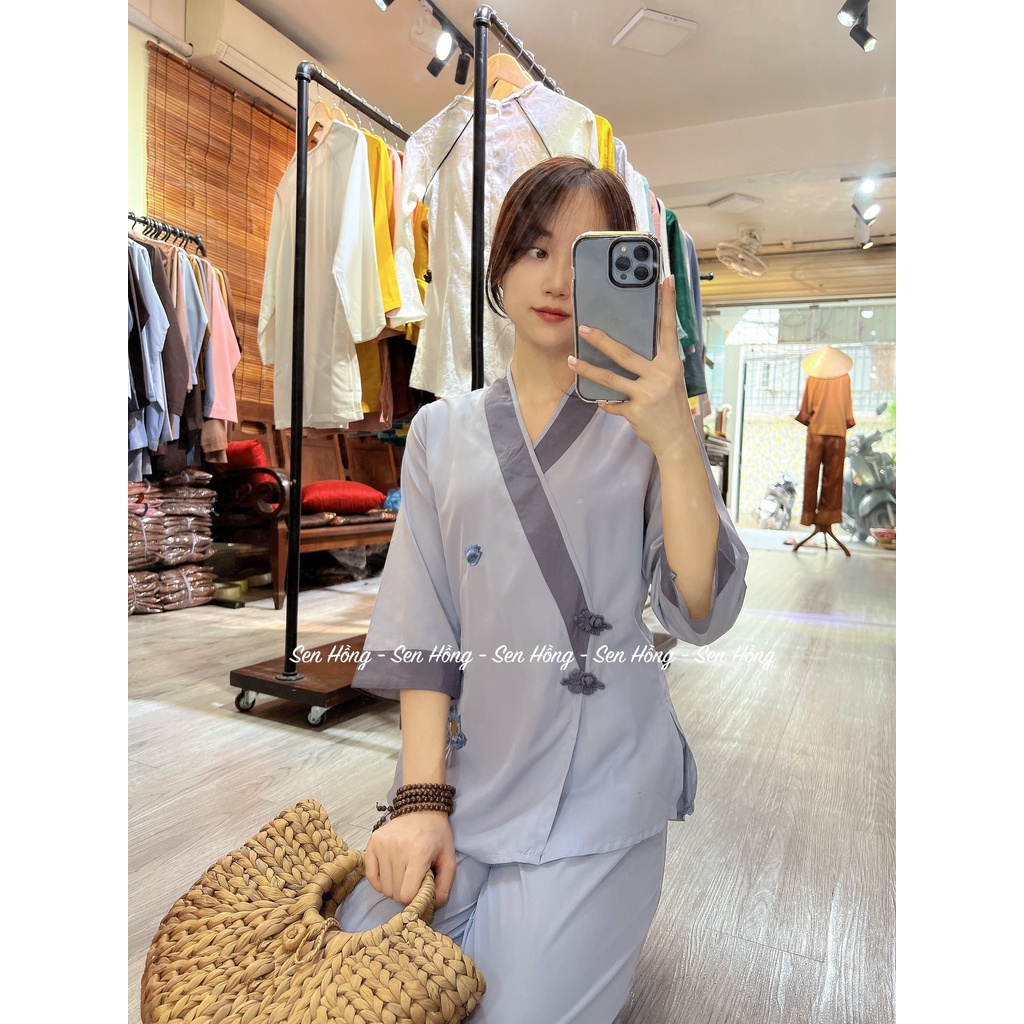 QUẦN ÁO ĐI CHÙA - set Phật tử thêu sen - đồ lam đi lễ nữ vải kate #Sen Hồng mã 030