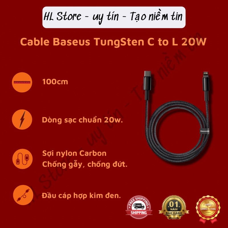 Cáp sạc nhanh C to Lightning 20W Baseus Tungsten Gold Fast Charging Data Cable Type-C to iP PD 20W
