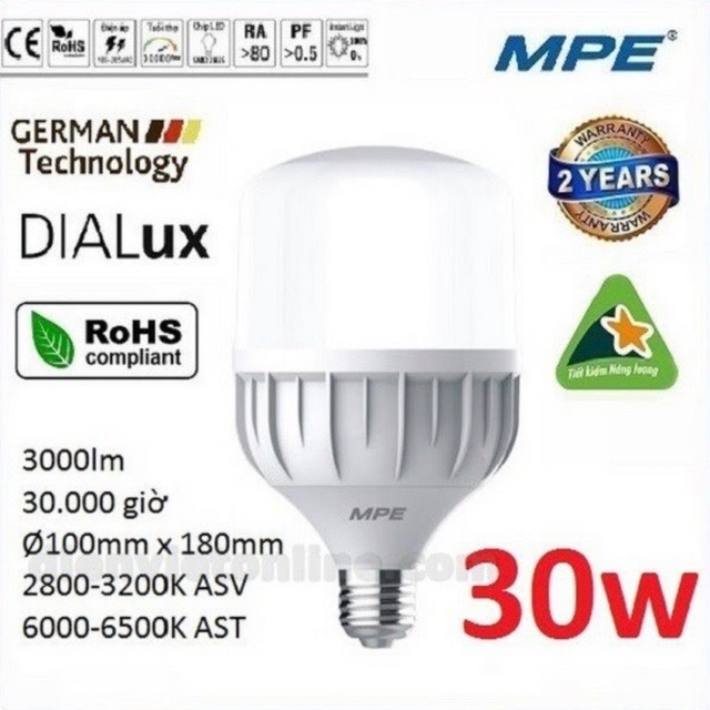 Bóng đèn led trụ nhựa MPE CHÍNH HÃNG 20W, 30W, 40W (Có NOWSHIP & GRABEXPRESS giao hàng trong tp 1-2h)