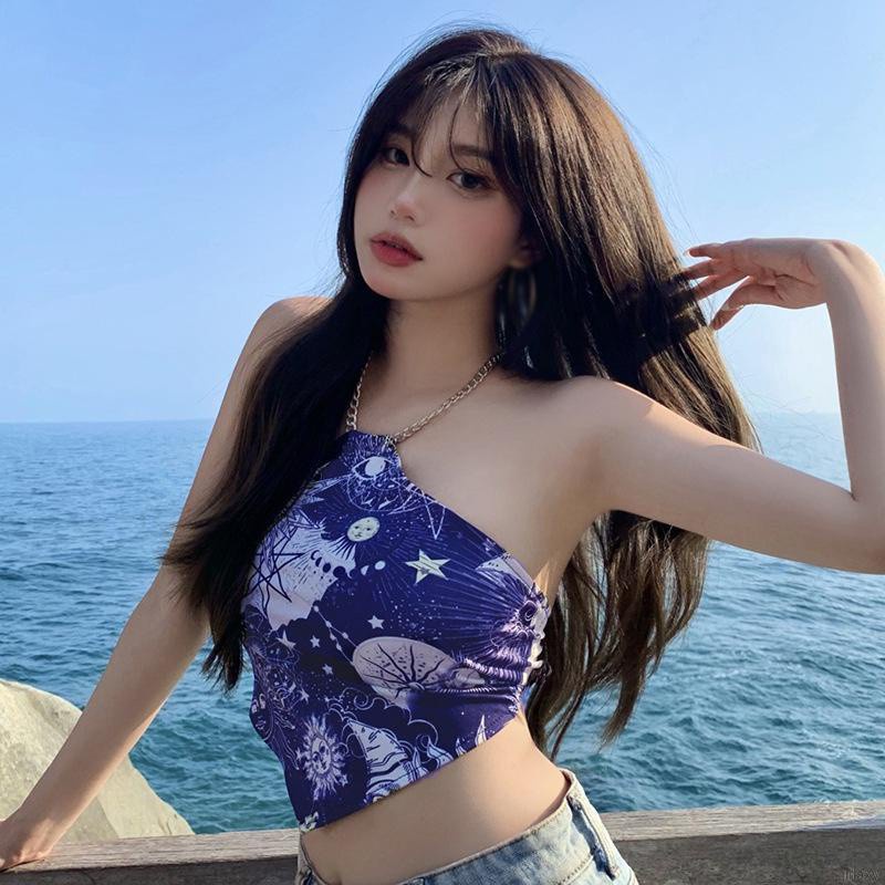 Áo croptop cổ yếm in họa tiết thời trang mùa hè cho nữ