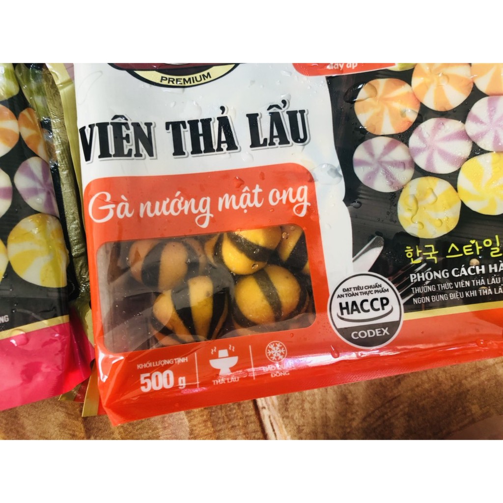 500g viên thả lẩu gà nướng mật ong LCFOOD màu vàng-xanh