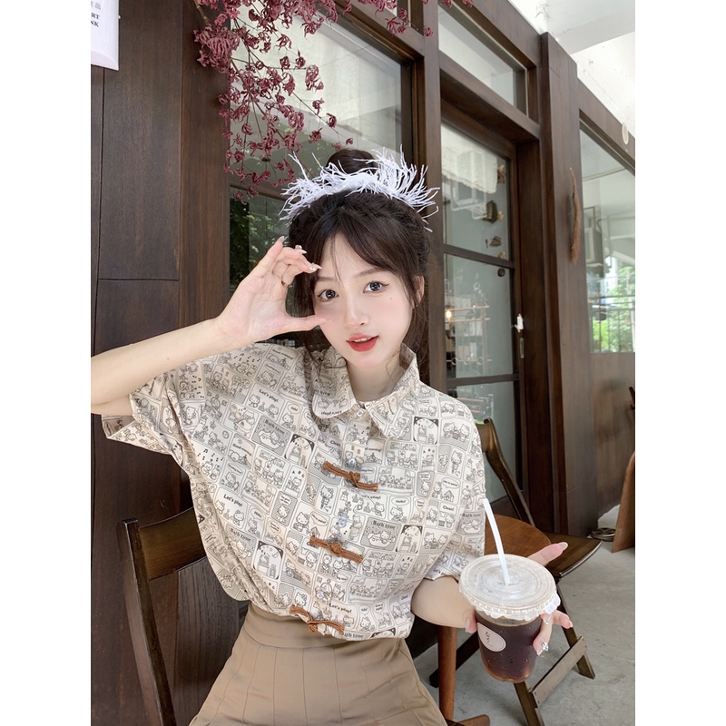 Áo Sơ Mi Ngắn Tay Cài Nút In Hình Mèo Kiểu Retro Hàn Quốc Xinh Xắn Cho Nữ