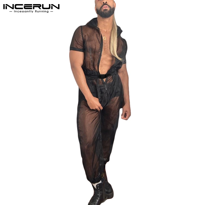 Jumpsuit INCERUN tay ngắn thiết kế xuyên thấu phối khóa kéo gợi cảm cho nam