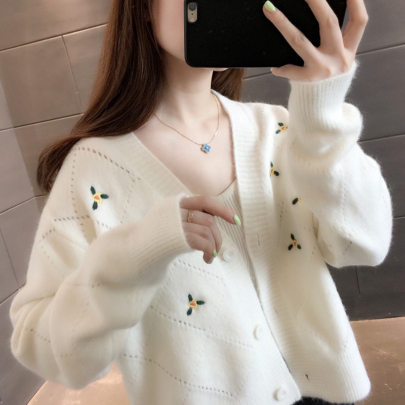 💗Áo Len Tay Dài Thời Trang Trẻ Trung💗Áo Khoác Len Cardigan Mỏng Thêu Họa Tiết Xinh Xắn Thời Trang Mùa Thu Cho Nữ