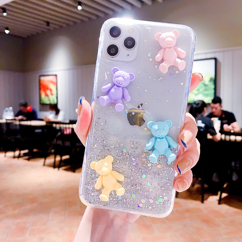 Samsung Galaxy A6 A8 J4 J6 Plus A7 A9 J8 2018 A750 J2 Prime J5 Prime J7 Prime Clear Cartoon 3D Bear Bling Soft Phone Case Back Full Cover