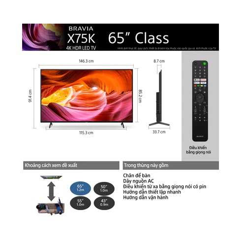 Google Tivi Sony 4K 65 inch KD-65X75K - Mới 2022 - Miễn Phí Lắp Đặt