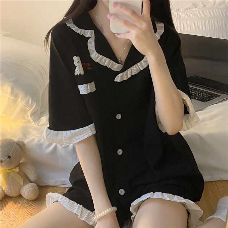 Bộ Đồ Ngủ Ngắn Tay In Họa Tiết Đơn Giản Thời Trang Hàn Quốc