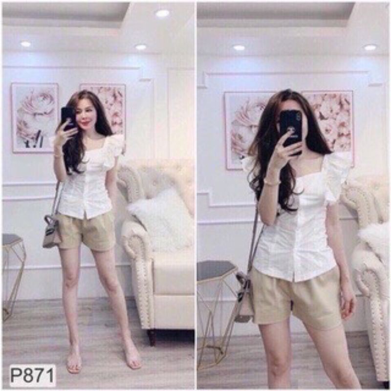 Set áo sơ mi trắng cánh tiên cài nút và quần ngắn
