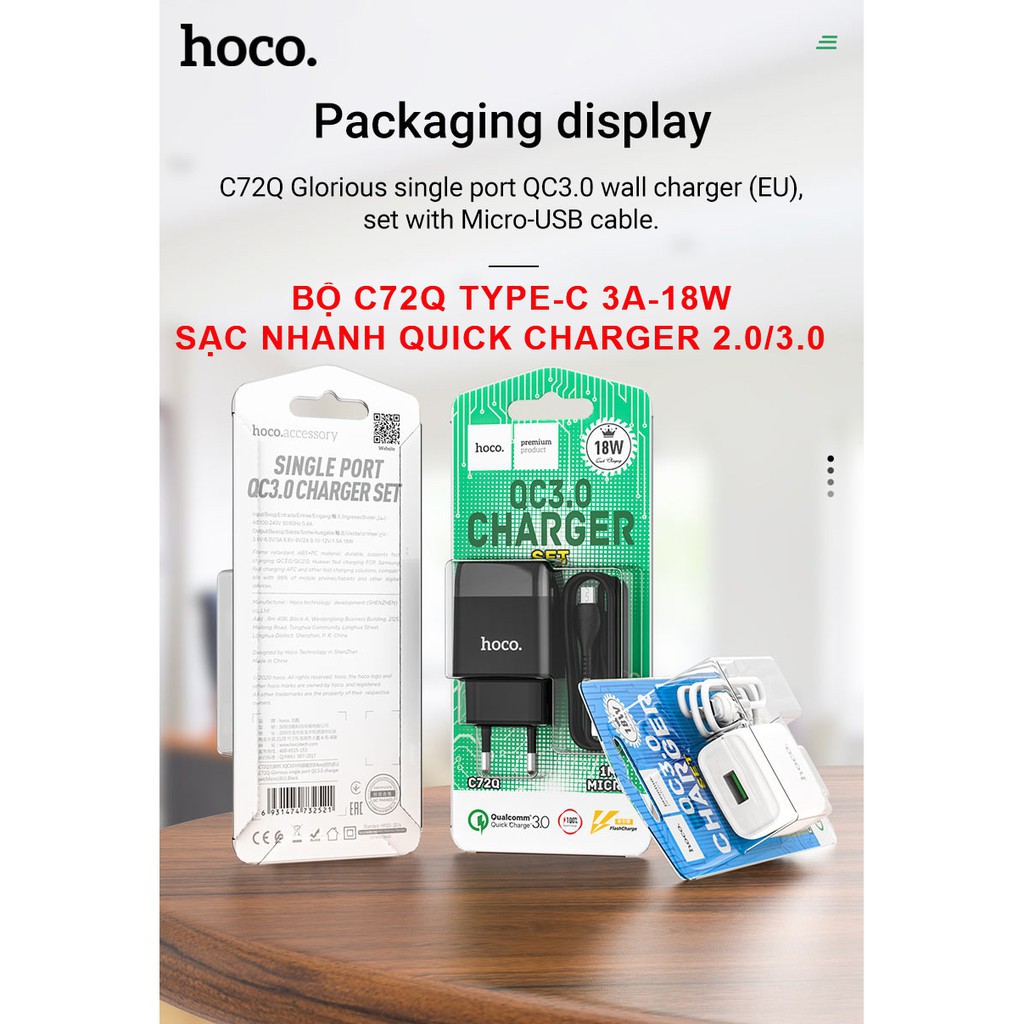 Bộ Sạc Nhanh 18W Hoco C72Q - Bộ Cáp Sạc Nhanh 3A Siêu Tốc, An Toàn Cho Các Dòng Android Type C/ Micro USB - Bảo Hành 12T