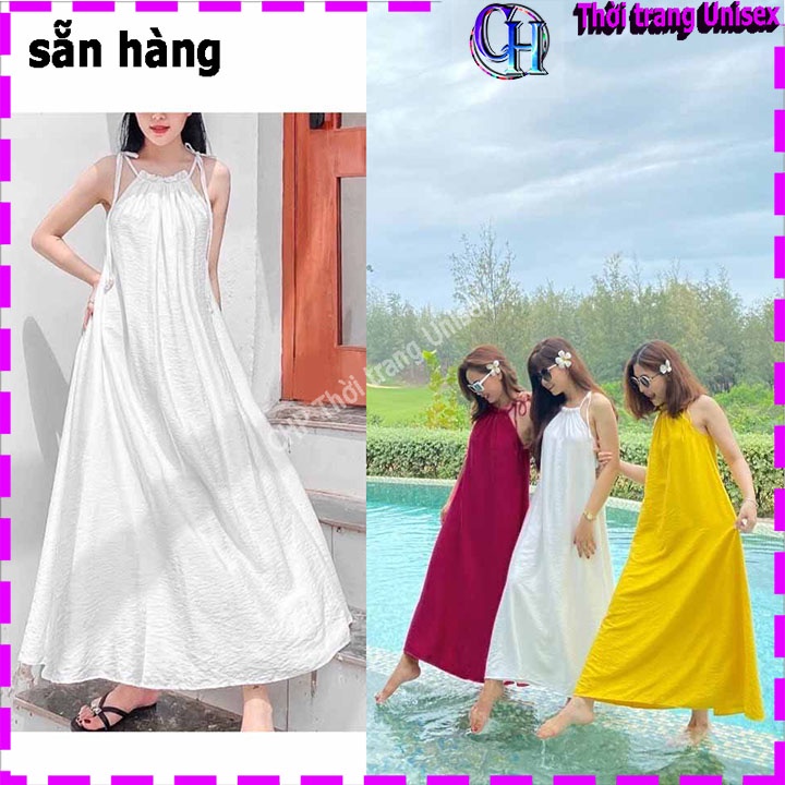 Đầm yếm hai dây cột nơ , Sét đũi thái mặc nhà tiểu thư xinh maxi đi biển du lịch dự tiệt